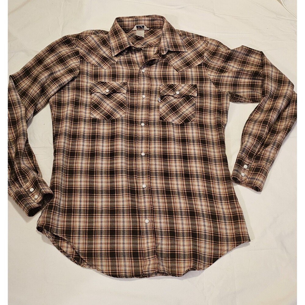 Vintage Levis Pearl Snap Western Shirt 70s/80s White Label Brown Plaid Sz 20
